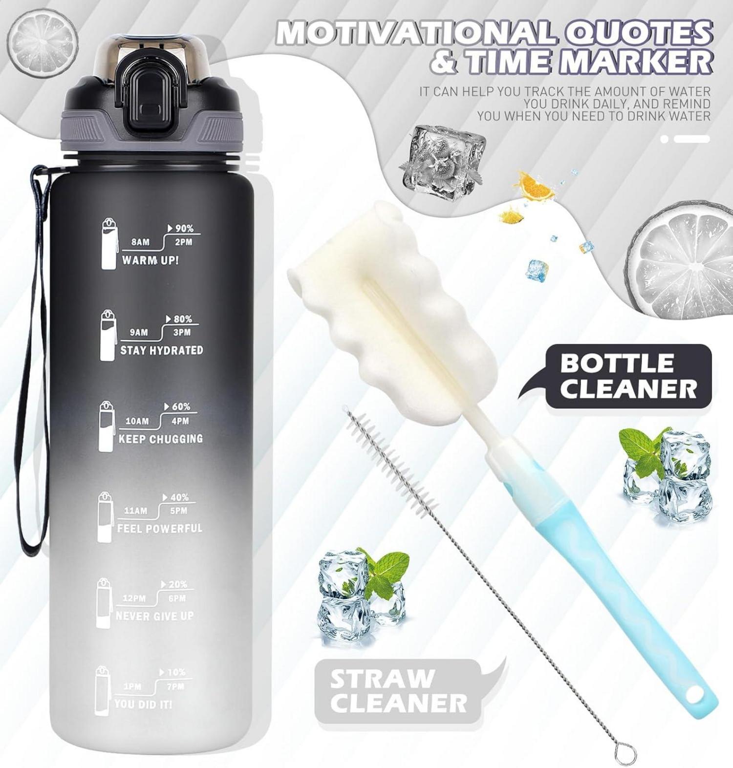 CodiCile Trinkflasche 1l mit Strohhalm und Zeitmarkierung