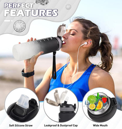Sportliche Trinkflasche mit Strohhalm und Zeitmarkierung 1l