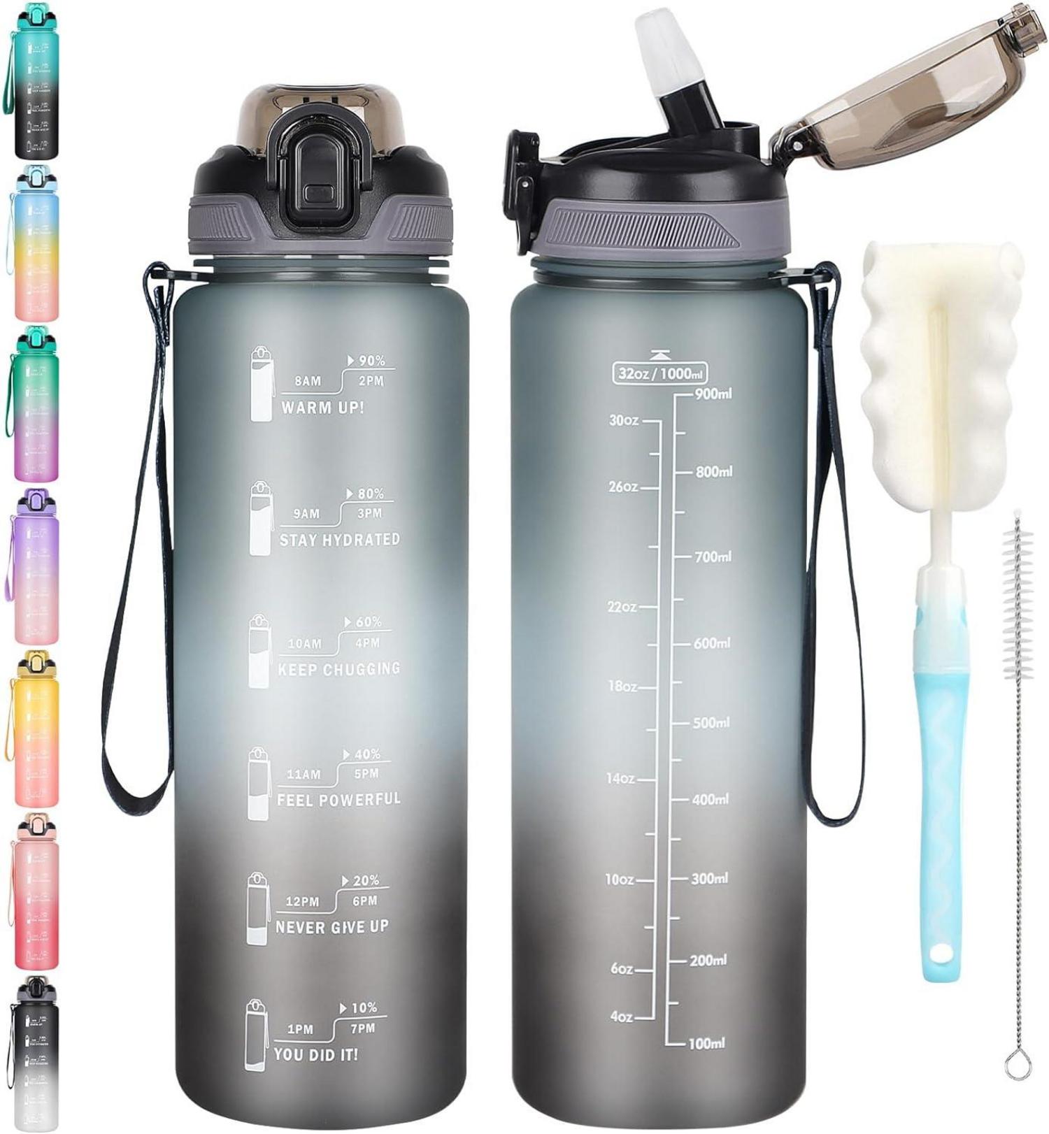 Sport Trinkflasche 1l mit Strohhalm, Zeitmarkierung, grau