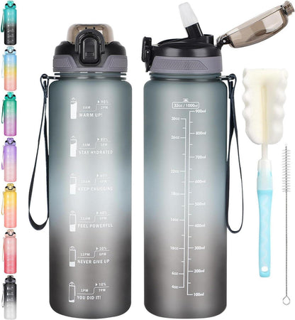 Sport Trinkflasche 1l mit Strohhalm, Zeitmarkierung, grau