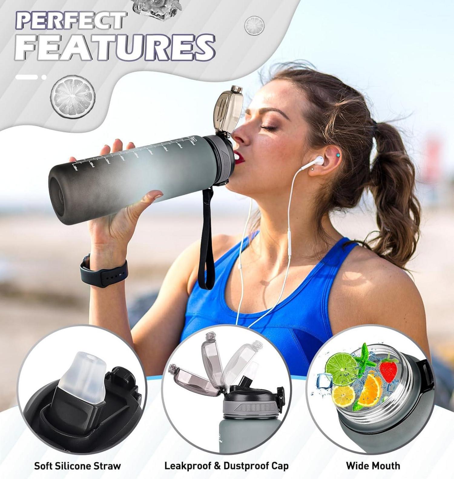 Sport Trinkflasche 1l mit Strohhalm, Zeitmarkierung, grau