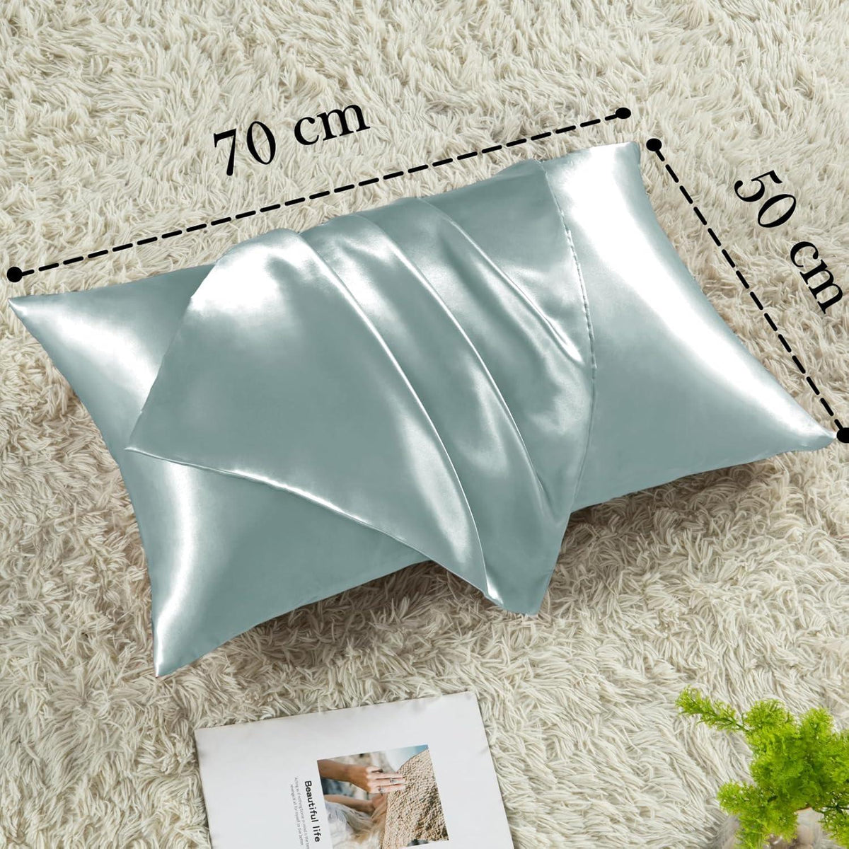 Vielit 2er Set Satin Kissenbezug 50x70 Grün Haar Haut 2 Haargummis