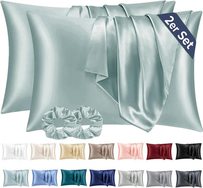 Satin Kissenbezug 40x60 Grün Haargummis 2er-Set Satinmaschinenwaschbar