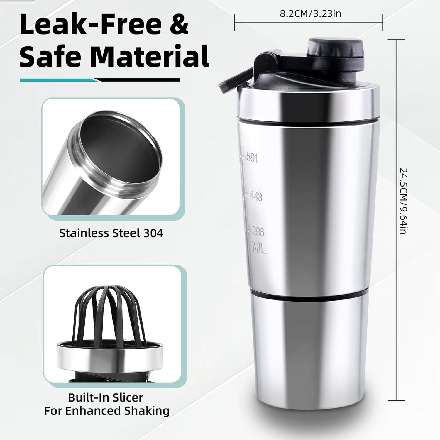 Protein Shaker Edelstahl 700+200ml Pulverfach Kugel Skala