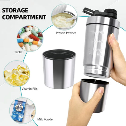 Protein Shaker Edelstahl 700+200ml Eiweiß Becher Pulverfach Kugel Skala