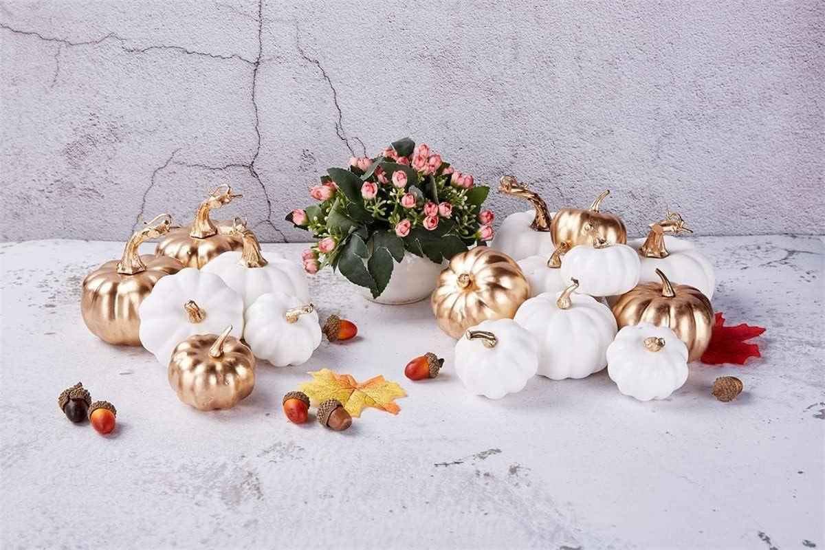 Miaikoe 16er Pack Herbst Kürbisse Weiß und Gold Halloween Thanksgiving deco