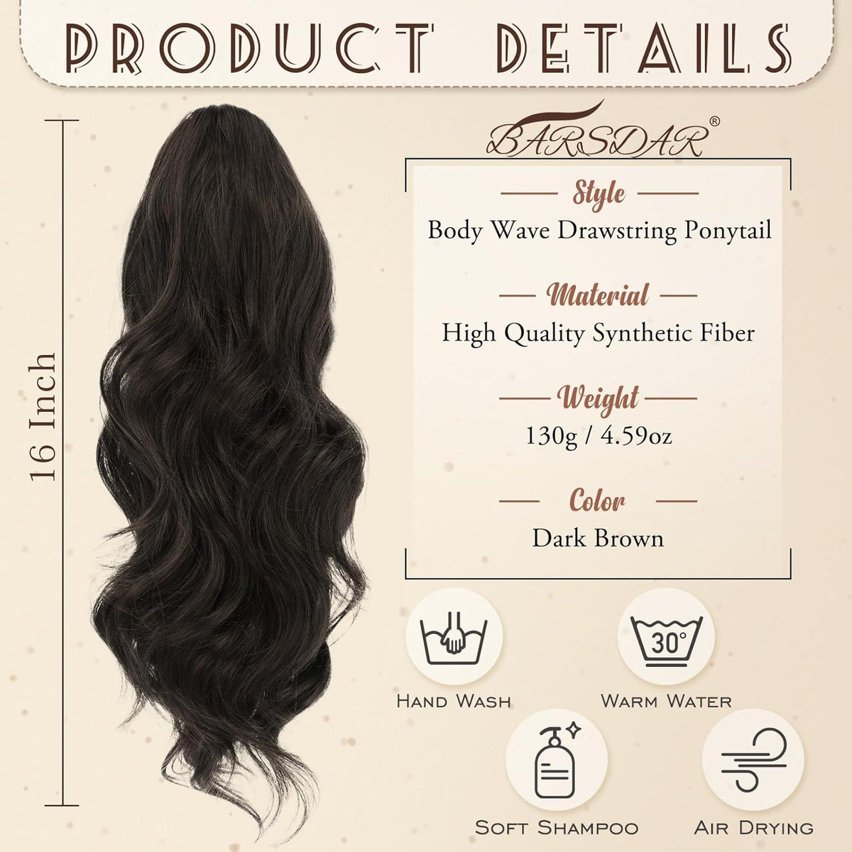 Locken Kordelzug Pferdeschwanz Haarteil 40 cm Dunkelbraun
