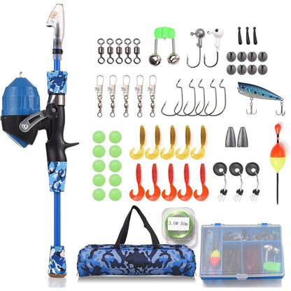 Kinder Angelset Teleskoprute mit Rolle und Ködern 1.5M Blau