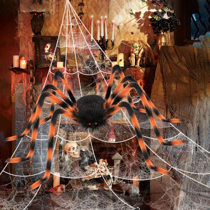 Halloween Deko Outdoor: Große Riesenspinne Set mit Spinnennetz
