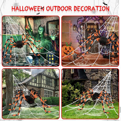 Große Halloween Deko Set - Riesenspinne 127cm mit Spinnennetz 50cm - Gruselig