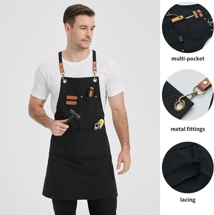 Segeltuchschürze Schwarz für Männer und Frauen, verstellbarer Riemen, 3 Taschen, Kreuzrücken