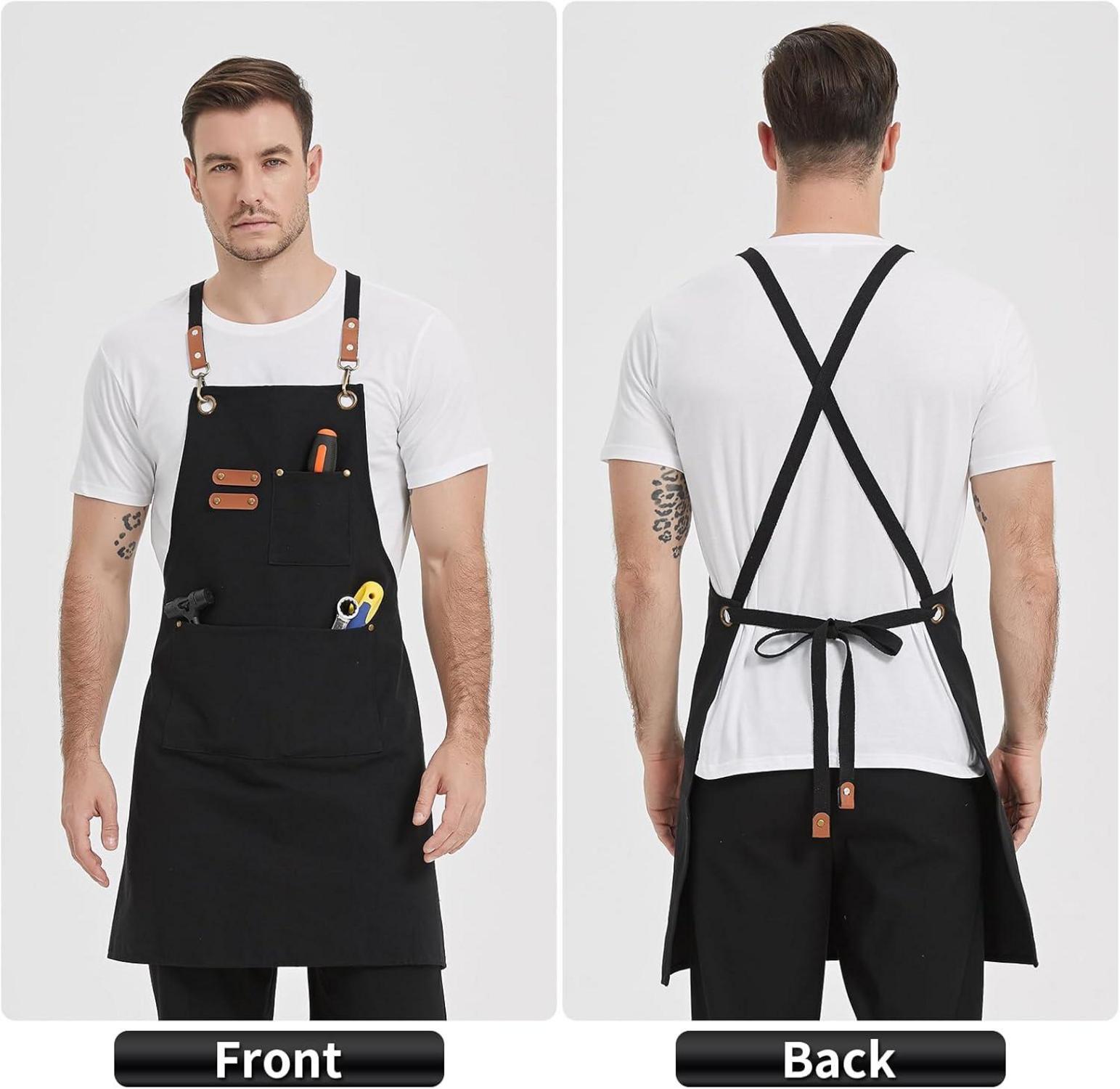 Kochschürze Segeltuch Schwarz mit verstellbarem Riemen und 3 Taschen