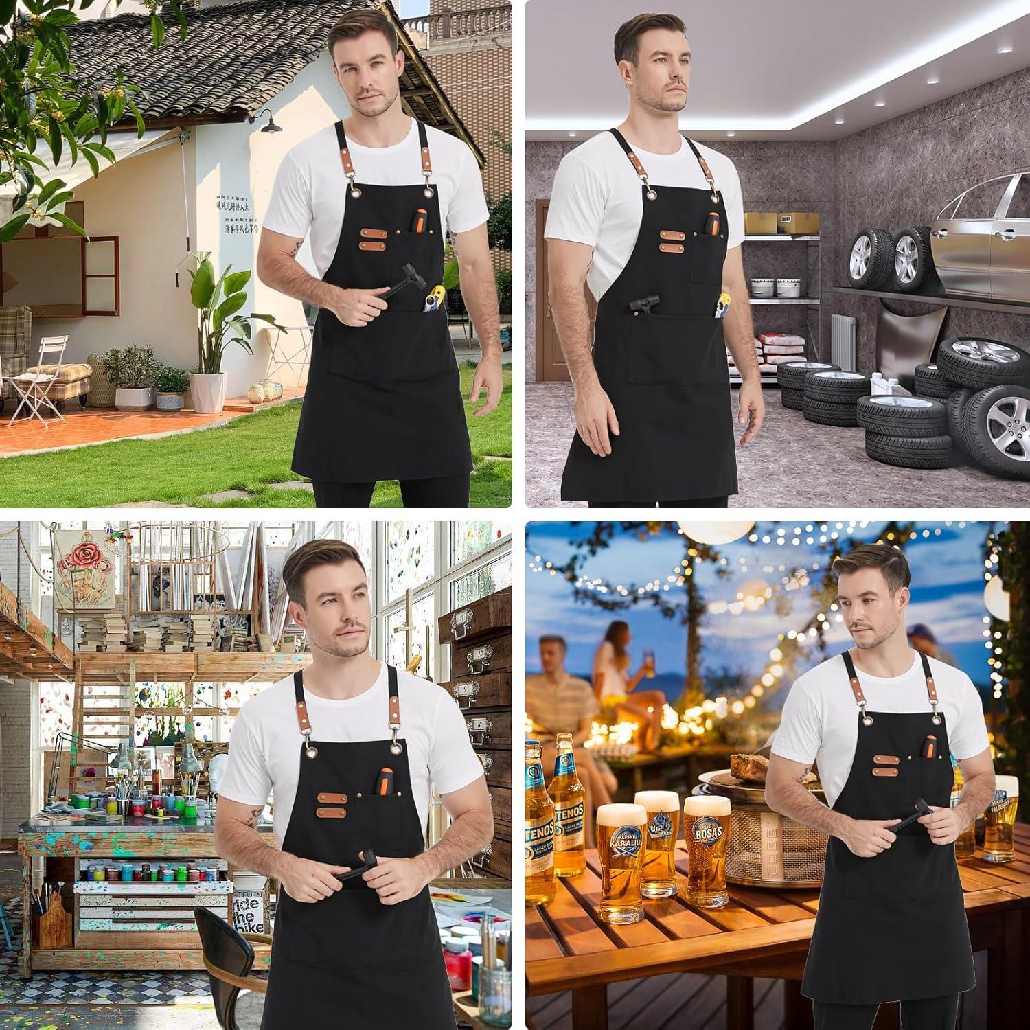 Kochschürze Segeltuch Schwarz mit verstellbarem Riemen und 3 Taschen