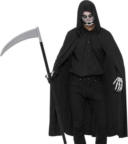Schwarzer Halloween Umhang mit Sense und Tattoos 170cm