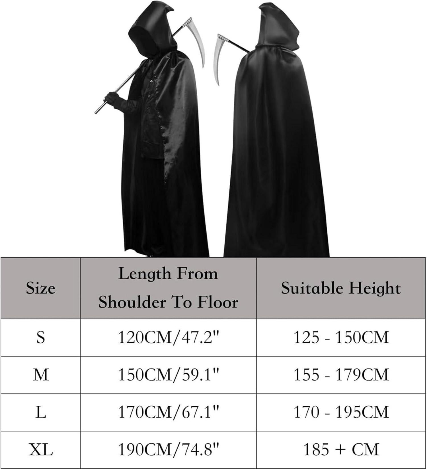 Halloween Umhang Schwarz Set 170/190CM Sensenmann Kostüm Sense Tattoos