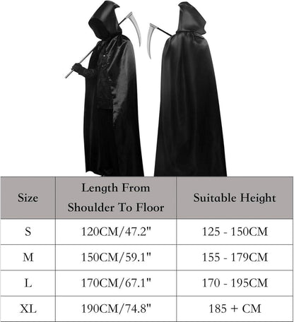Halloween Umhang Schwarz Set 170/190CM Sensenmann Kostüm Sense Tattoos