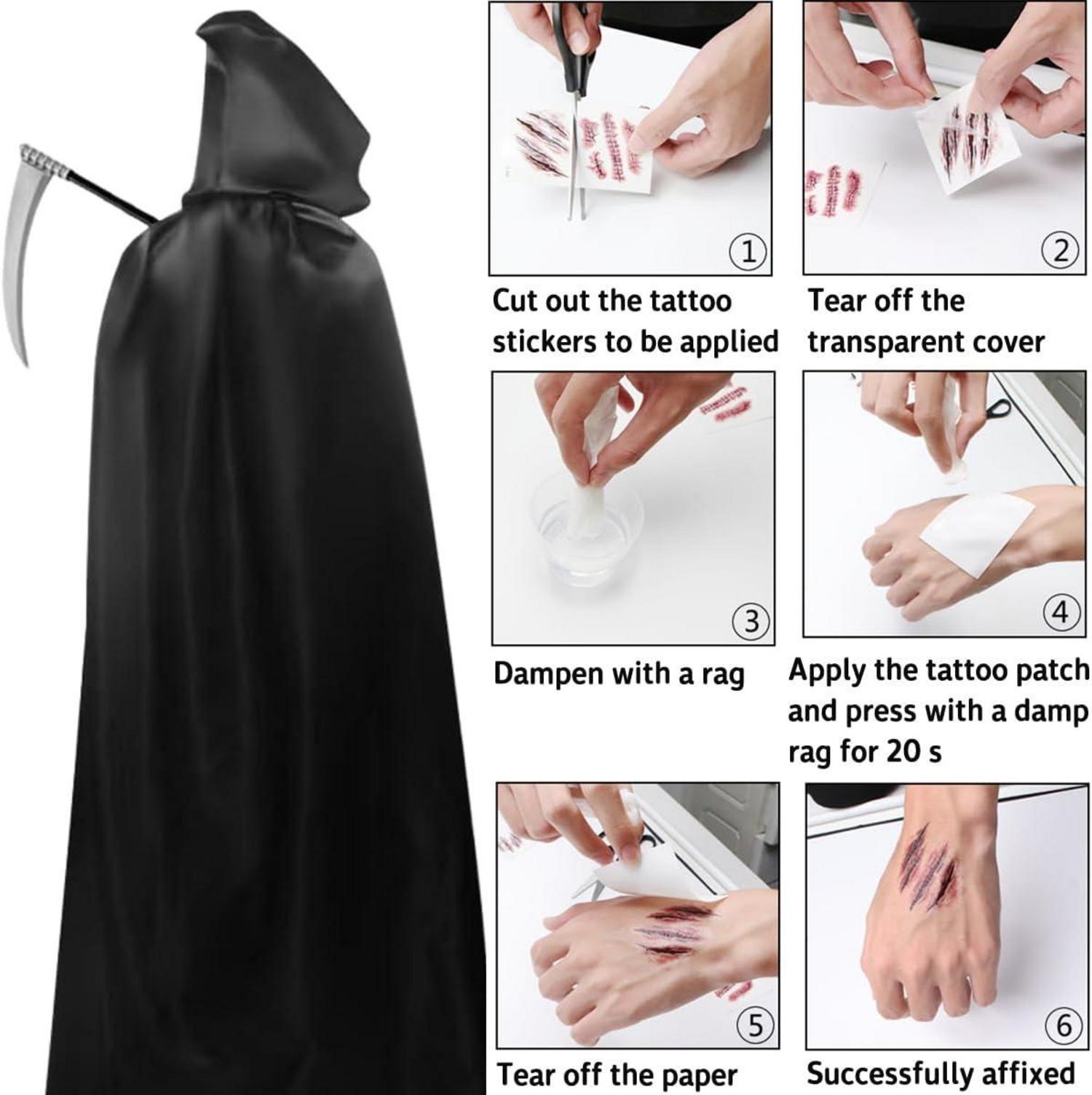 Halloween Umhang Schwarz Set 170/190CM Sensenmann Kostüm Sense Tattoos