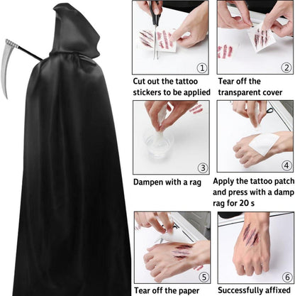 Halloween Umhang Schwarz Set 170/190CM Sensenmann Kostüm Sense Tattoos