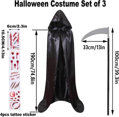 Halloween Umhang Sensenmann Kostüm mit Sense, Tattoos & Kapuze Schwarz