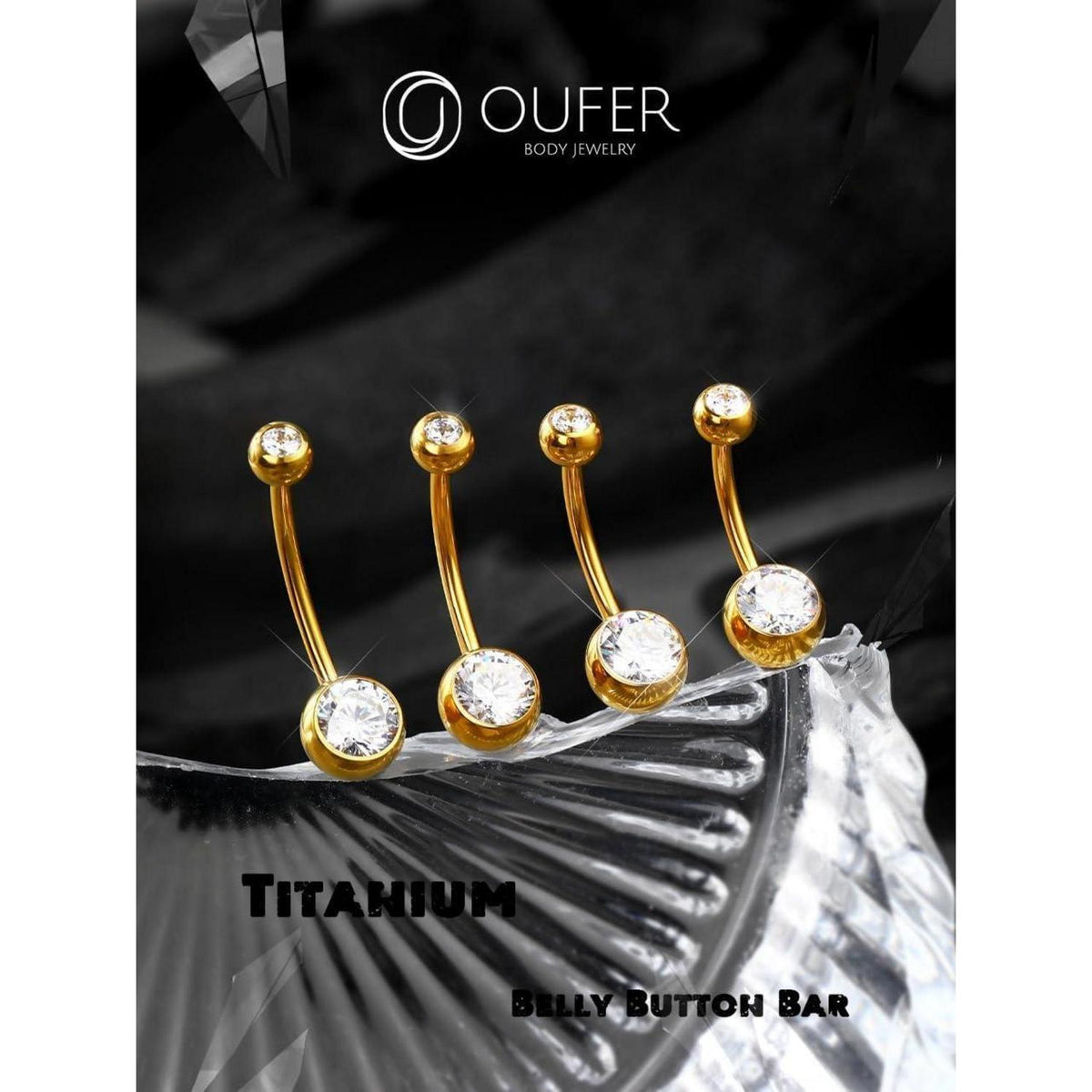 Bauchnabelpiercing Titan Gold 14mm mit klaren CZ Kugeln