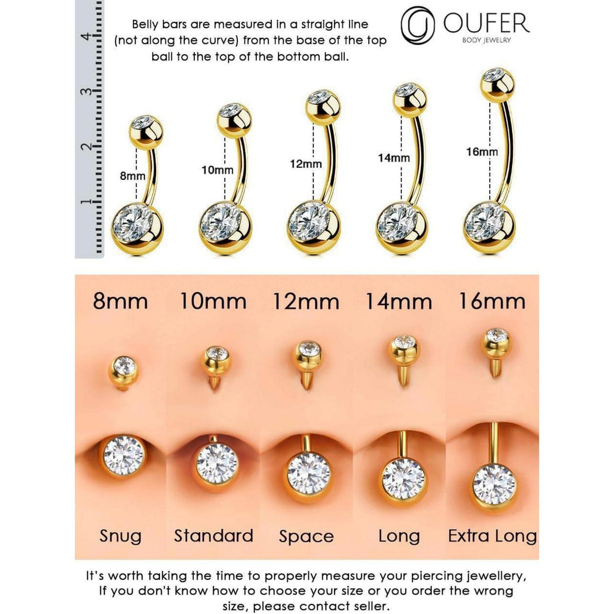Bauchnabelpiercing Titan Gold 12mm mit klaren Zirkonia Kugeln