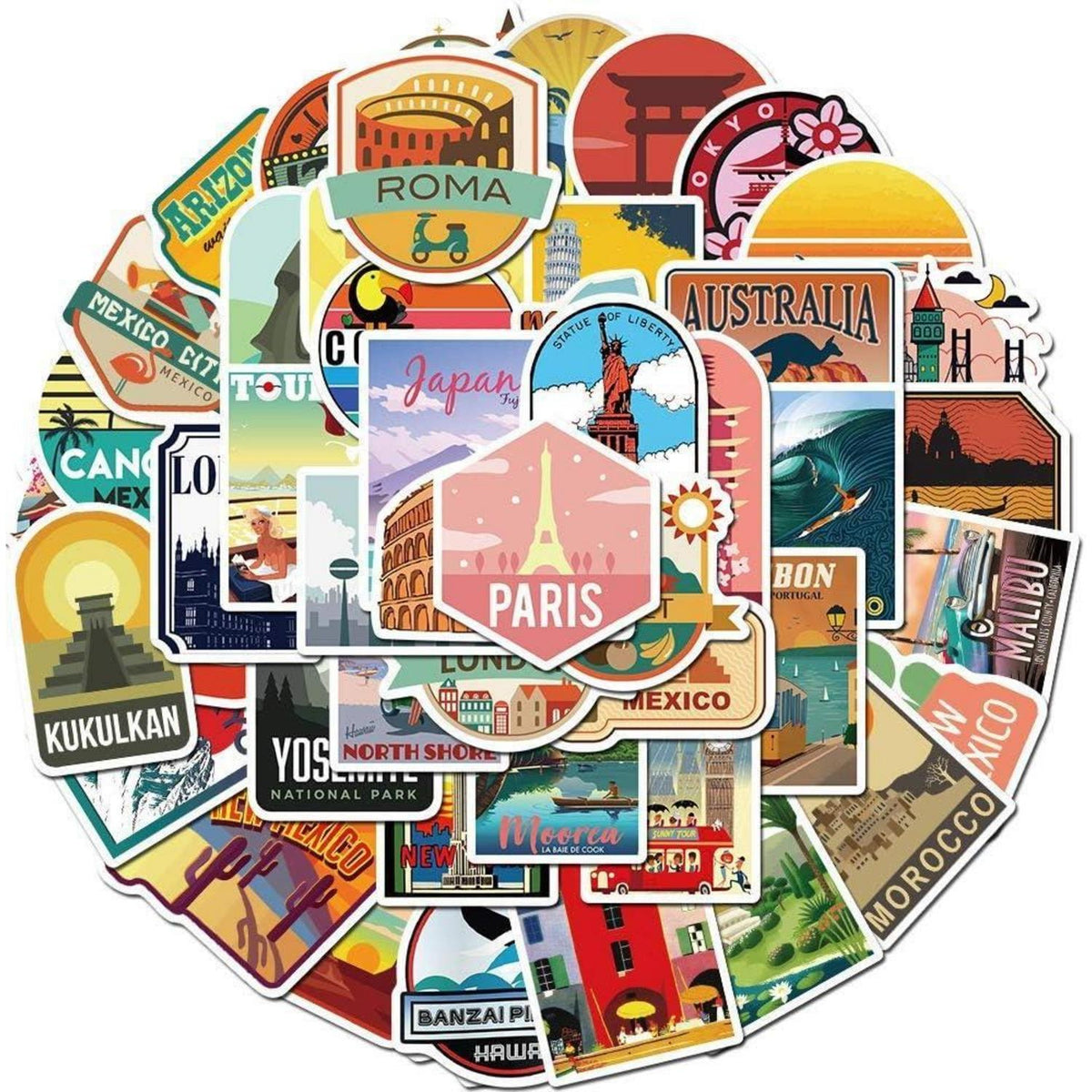 Vintage Reise Aufkleber Set – 50 Retro Vinyl Sticker für Koffer & Co.