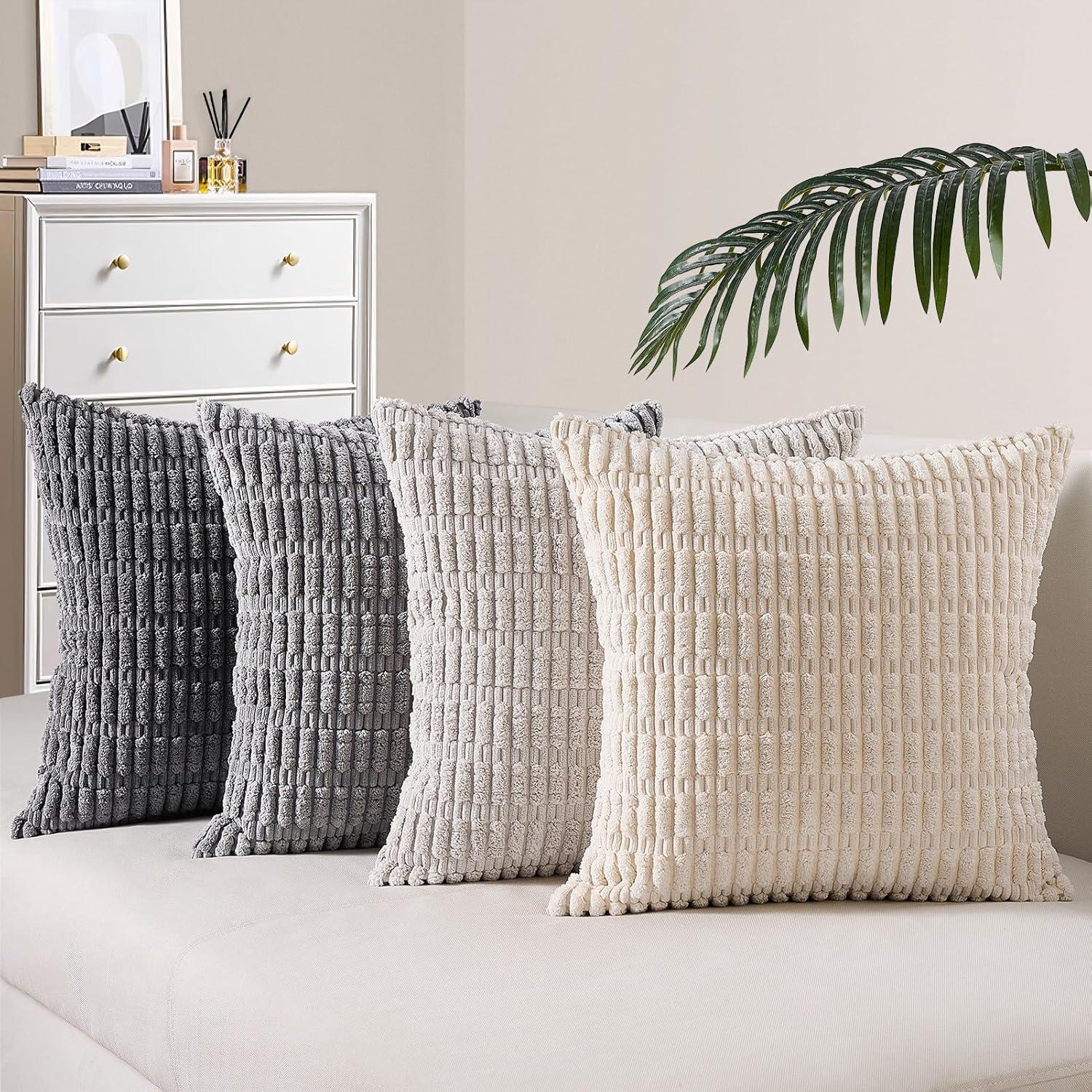 4er Set Boho Kissenbezüge Kordsamt 40x40 cm grau Flauschige Dekokissen
