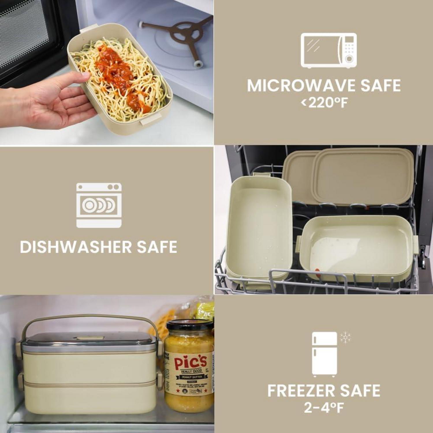 Bugucat Lunchbox 1600ML Bento Box Auslaufsicher Luftdicht Besteck für Erwachsene Beige