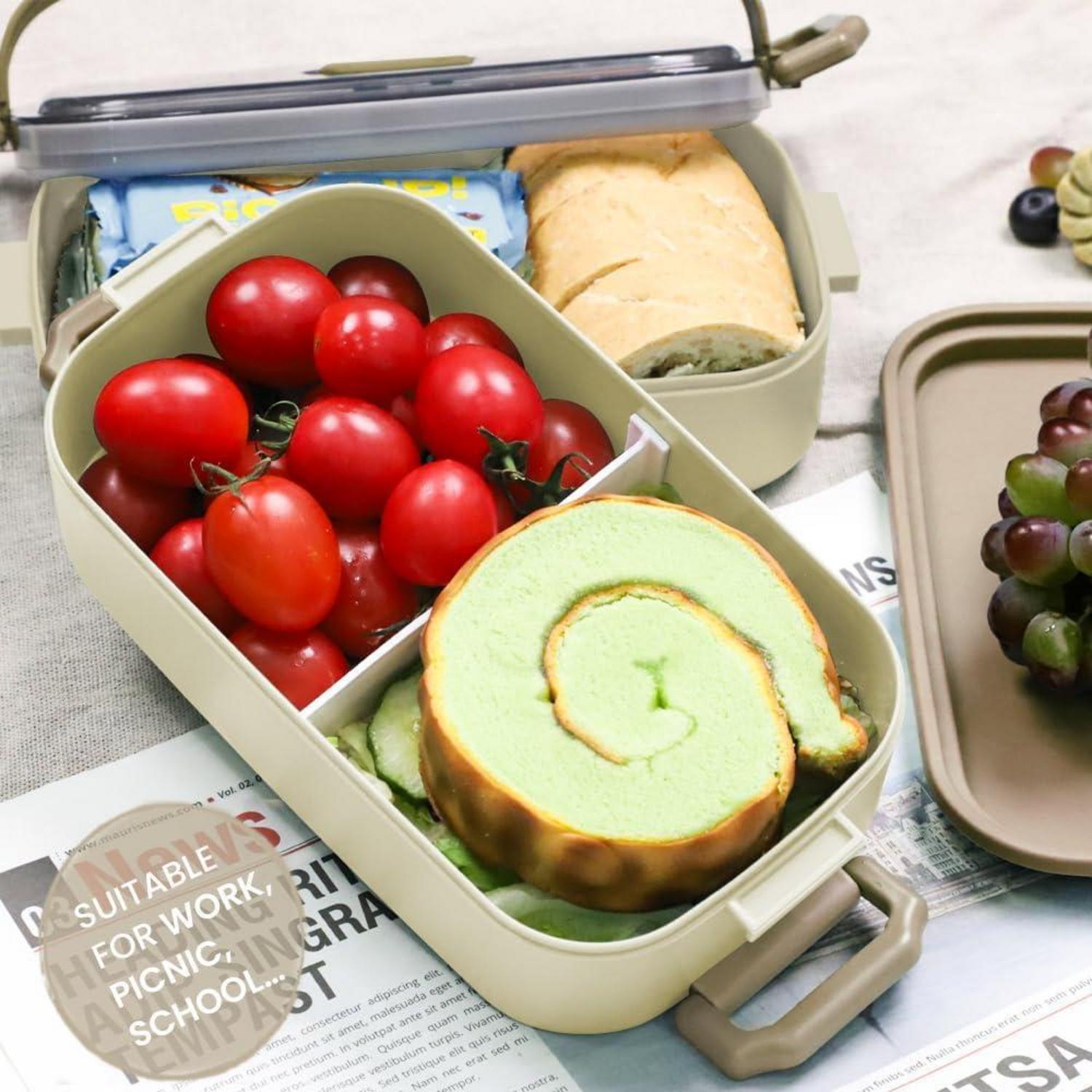 Bugucat Lunchbox Bento Box 1600ML Beige Auslaufsicher Luftdicht Besteckset