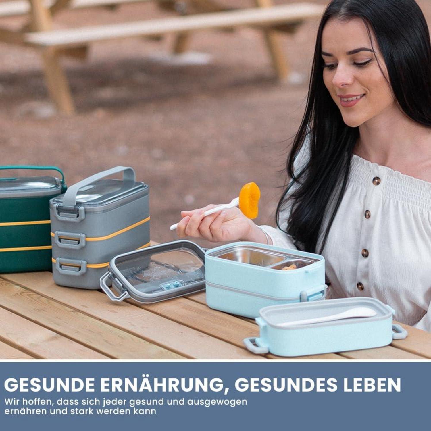 Lunchbox 2 in 1 Bento Box 1600ML mit Fächern Luftdicht Besteck
