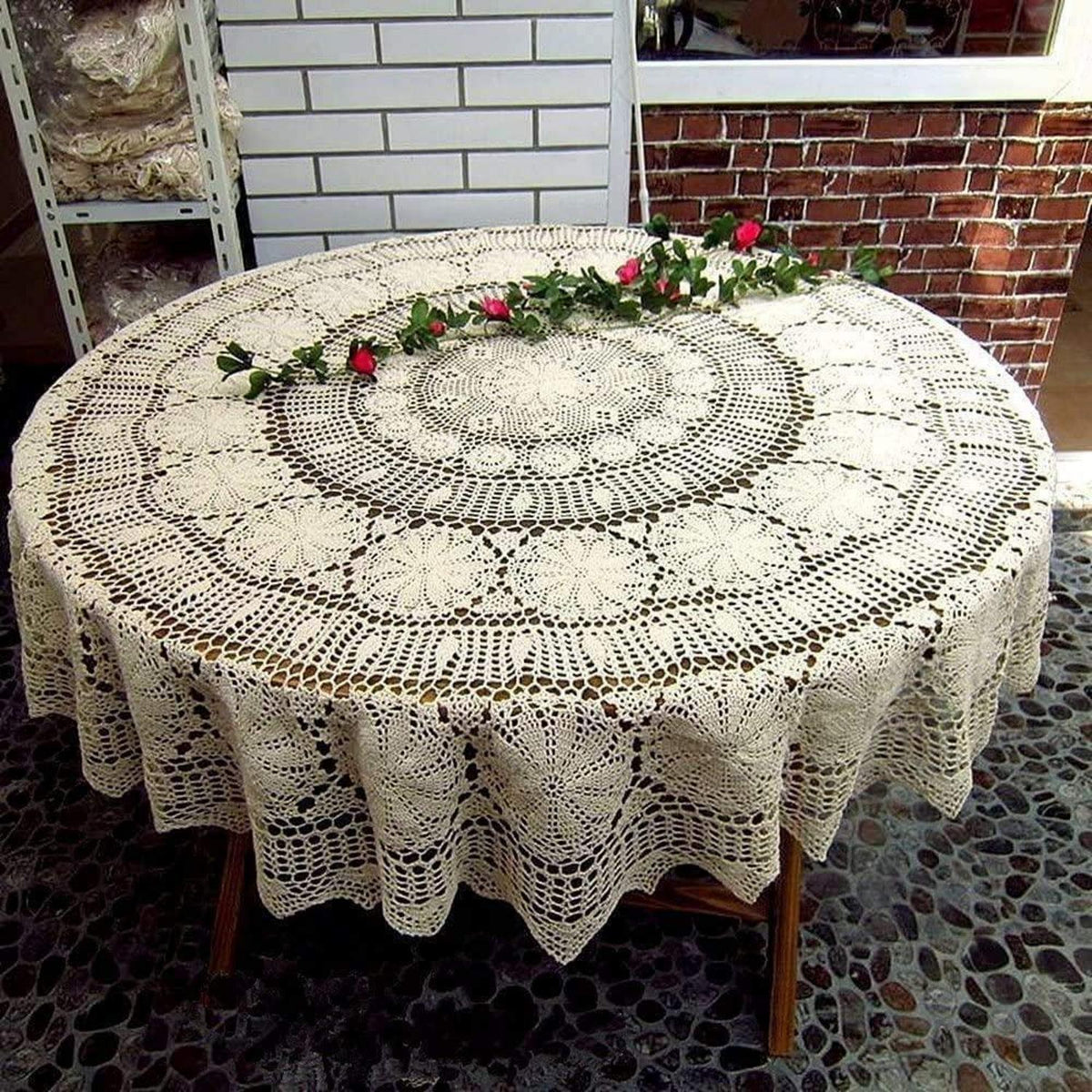 Runde Baumwoll Tischdecke Häkelspitze 180 cm Beige Vintage