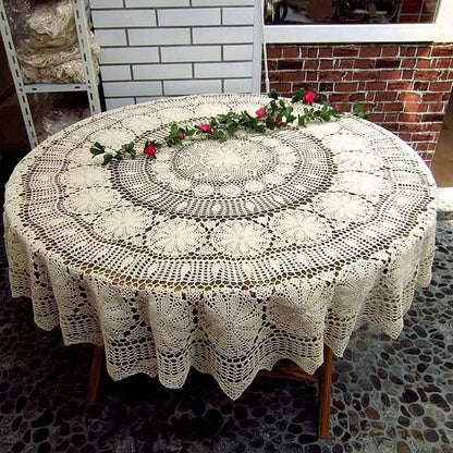 Runde Baumwoll Tischdecke Häkelspitze 180 cm Beige Vintage