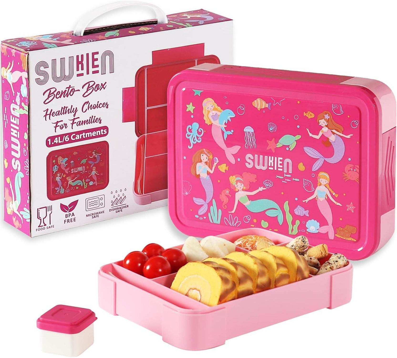 Brotdose Lunchbox Kinder 1300ml Bento Box Auslaufsicher 6 Fächer Rosa