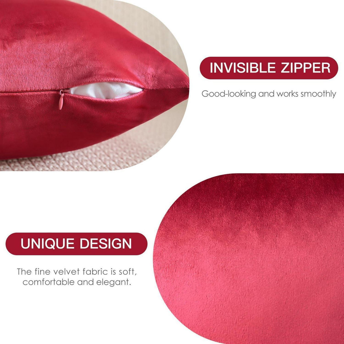 Samt Kissenbezug 50x50 cm Rot - 2er Set, Dekokissen Wohnzimmer