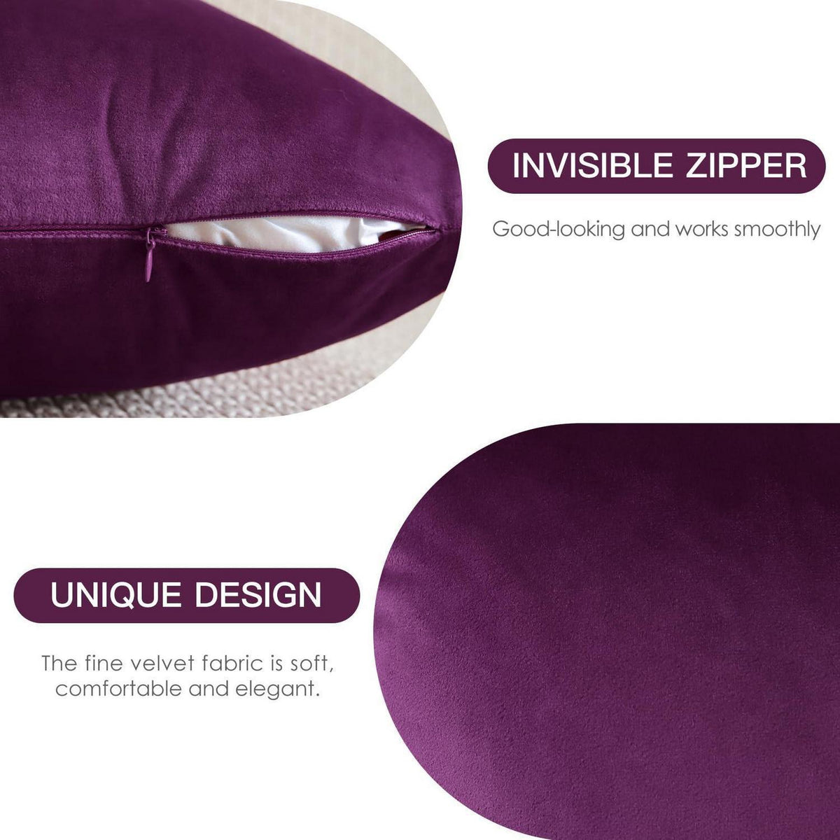 Samt Kissenbezüge 60x60 cm Aubergine Lila - 2er Set