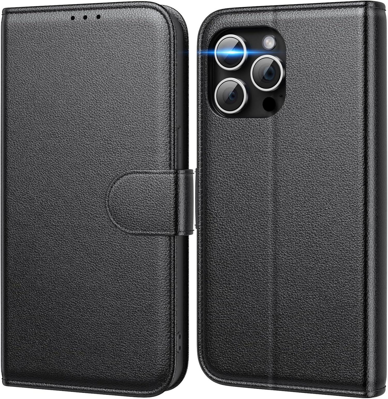 Handyhülle iPhone 15 Pro Max Echtleder RFID Standfunktion Schwarz