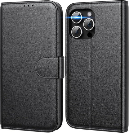 Handyhülle iPhone 15 Pro Max Echtleder RFID Standfunktion Schwarz