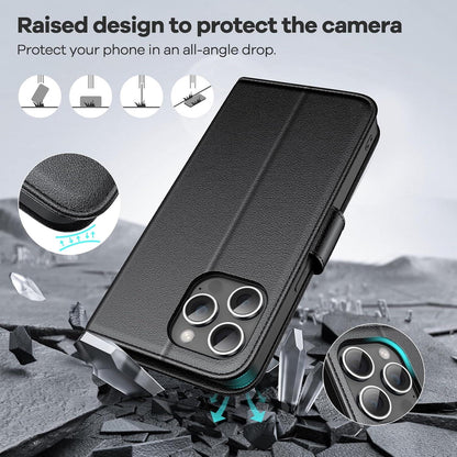 Handyhülle iPhone 15 Pro Max Echtleder RFID Kartenfach Stand Schwarz
