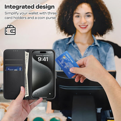 iPhone 15 Pro Handyhülle Echtleder RFID Magnet Stand Schwarz