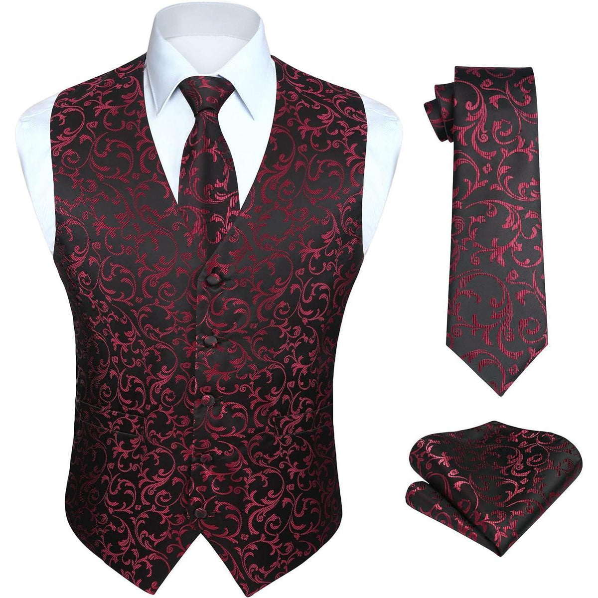 Herren Jacquard Weste Krawatte Einstecktuch Set Schwarz Rot
