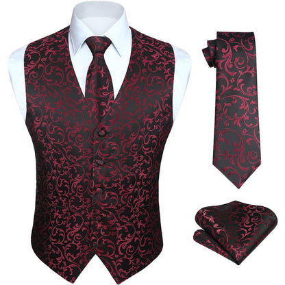 Herren Jacquard Weste Krawatte Einstecktuch Set Schwarz Rot