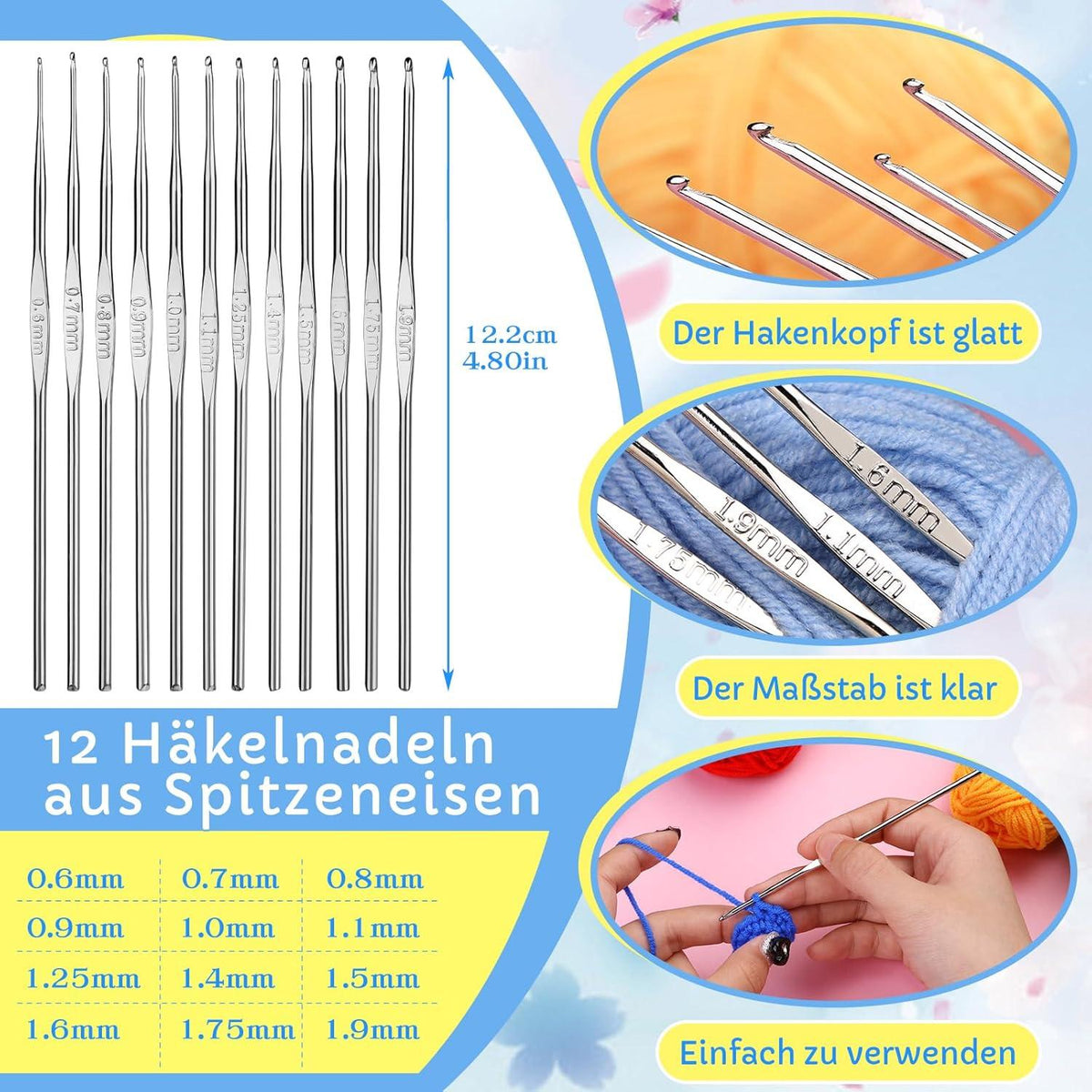 Ruasol 82-teiliges Häkelset für Anfänger - Häkelnadeln, Garnset mit 12 Farben, ergonomische Stricknadel, blaue Aufbewahrungstasche