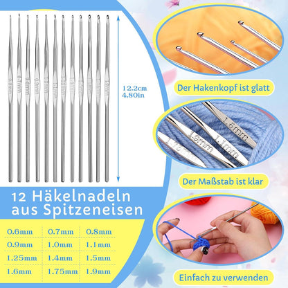 Ruasol 82-teiliges Häkelset für Anfänger - Häkelnadeln, Garnset mit 12 Farben, ergonomische Stricknadel, blaue Aufbewahrungstasche