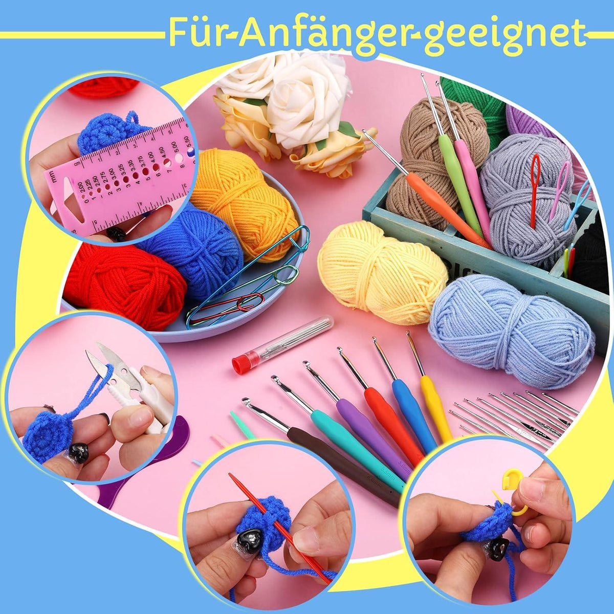 82-teiliges Häkelset für Anfänger, Häkelnadeln, Garn in 12 Farben, ergonomische