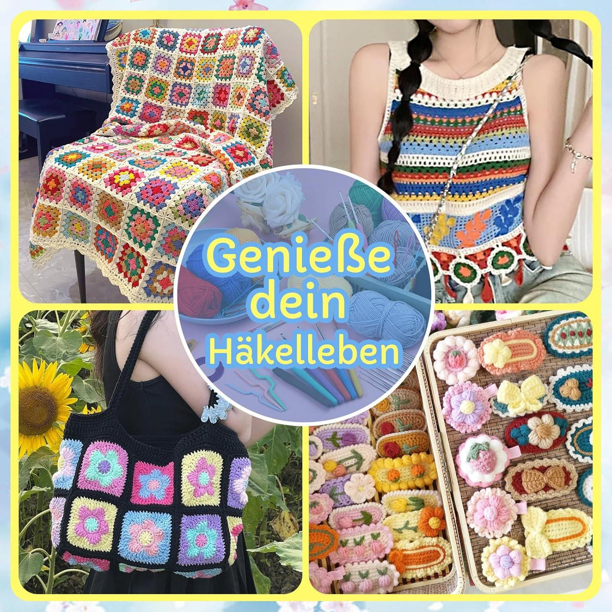 82-teiliges Häkelset für Anfänger, Häkelnadeln, Garn in 12 Farben, ergonomische