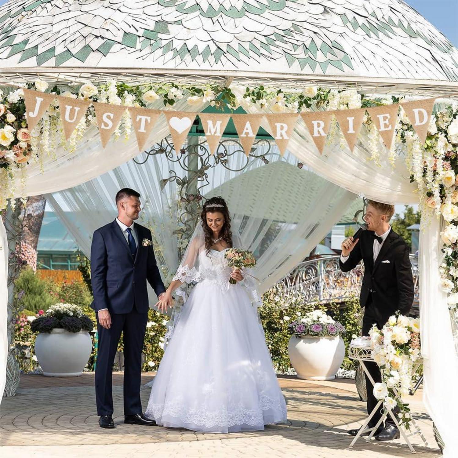 Just Married Boho Girlande Deko, Hochzeit Jute Wimpelkette Banner