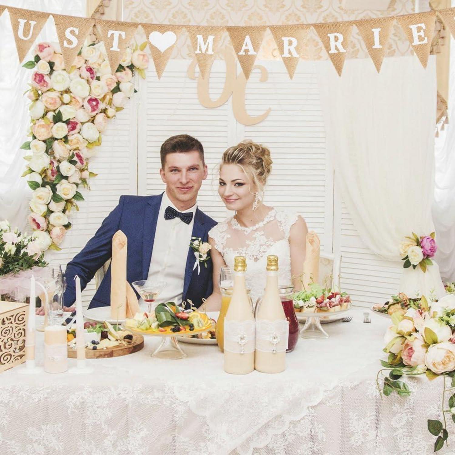 Just Married Boho Girlande Deko, Hochzeit Jute Wimpelkette Banner