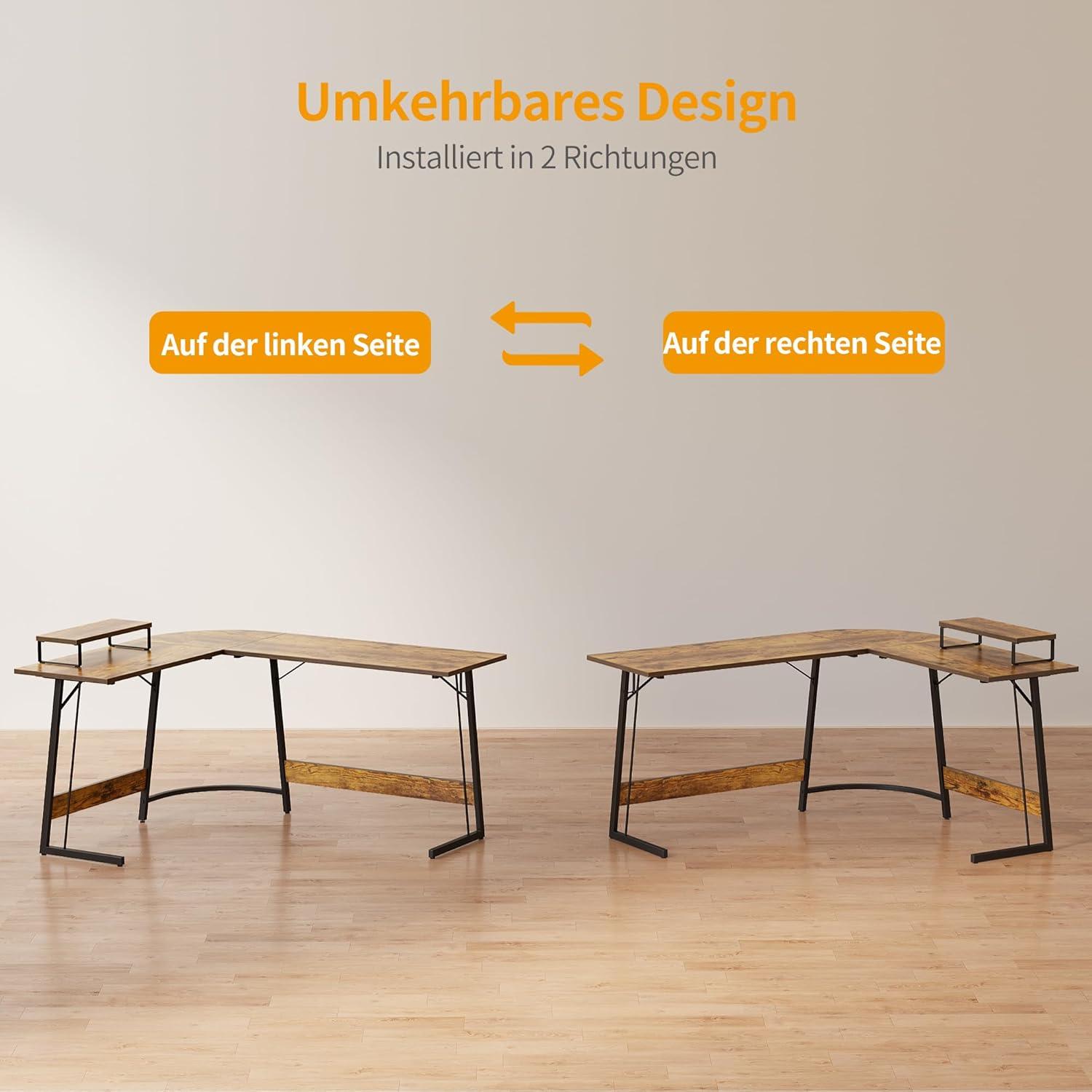 Gaming Eckschreibtisch L-Form 150x120cm mit Monitorständer Vintagebraun