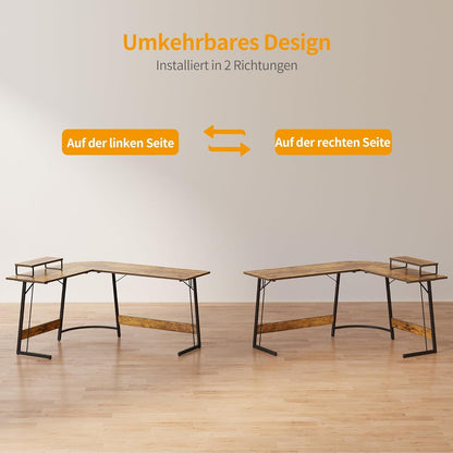 Gaming Eckschreibtisch L-Form 150x120cm mit Monitorständer Vintagebraun