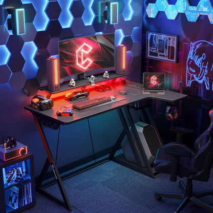 Gaming Computertisch LED 120cm Schwarz Regale Bücherregal